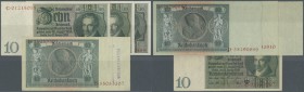 Set mit 4 Banknoten 10 Reichsmark 1929, dabei eine Notausgabe 1945 mit belgischem Zeilenstempel in leicht gebraucht, sonst leicht gebarucht bis kassen...