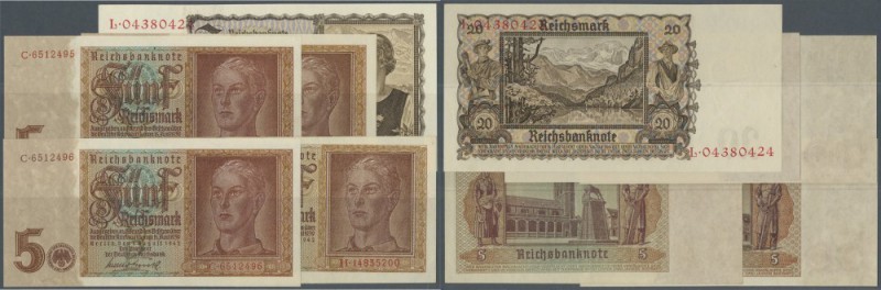 Lot mit 5 Banknoten der Reichsbank, dabei 20 Reichsmark Österreicherin in leicht...