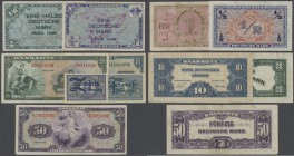 Bundesrepublik: set mit 7 Banknoten der Ausgaben 1948/49, dabei 5 und 10 Pfennig, 1/2 und 1 DM Kopfgeld 1948, 20 und 50 DM Serie 1948 und 10 DM Serie ...