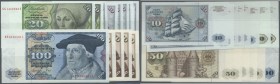 Set mit 14 Banknoten BBK I 1977 in meist leicht gebrauchter Erhaltung, dabei 7 x 10 DM, 2 x 20 DM, 4 x 50 DM und 100 DM 1977, Ro.275-278. Erhaltung: V...