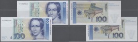 Bundesrepublik: 2 x 100 DM 1991, Ro.300a mit fortlaufender Seriennummer DL5434935A8 und -936A2, beide mit kleinen Knickstellen am unteren Rand. Erhalt...