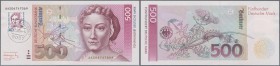 Bundesrepublik: 500 DM 1991, Ro.301a in kassenfrischer Erhaltung mit aufgeklebter 40 Pfennig Briefmarke Maria Sibylla Merian und Poststempel 27.10.199...