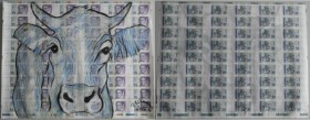 Original Bogen der Bundesbank zu 10 DM 1993 (9 x 6= 54 Scheine), Ro.303a mit Gemälde von P. Kilkenny 2016, Darstellung einer Kuh
