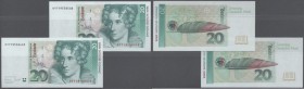 Bundesrepublik: 2 x 20 DM 1993, Ro.304a mit fortlaufender Seriennummer DY7195584S3 und -85S8, beide in kassernfrischer Erhaltung (2 Banknoten) // G.F....