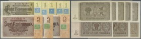 Set mit 8 Banknoten 1948, dabei 1 Rentenmark mit brauner KN (Ro.330F) in kassenfrisch, 4 x 1 Rentenmark mit Klebemarke in leicht gebraucht (Ro.330a,b,...