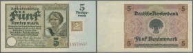 2 x 5 Rentenmark mit Klebemarke KN 7- und 8-stellig, beide leicht gebraucht mit Bug in der Mitte, Ro.332a,b. Erhaltung: XF (2 Banknoten)