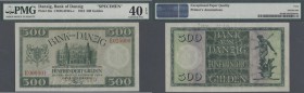Danzig: 500 Gulden 1924 Specimen mit perforation ”CANCELLED” und Seriennummer E000001, Ro.836s mehrere senkrechte Knicke in der Mitte der Note, Knick ...