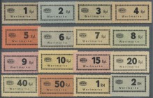 Flossenbürg: Außenlager Holleischen (CSR), Metallwerke Holleischen GmbH, 16 Wertmarken von 1 Rpf. bis 2 RM, o. D., ungebraucht, rs. jeweils kleine Anh...