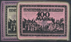 Bielefeld, 100 Mark, 15.7.1921, Leinen, lila Spitzenborte, Seide, golddurchwirkte Borte, beide mit Umschrift ”FRANZÖSISCHER VERTRAGSBRUCH ...”, Erh. I...