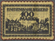 Bielefeld, 100 Mark, 15.7.1921, gelbe Seide, Umschrift ”FRANZÖSISCHER VERTRAGSBRUCH ...”, mit Bogenrand, Rückseite ganzflächig bestickt, Erh. I, von g...