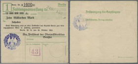Berlin, Oberpostdirektion, 10 Mrd. Mark, 26.10.1923, Zahlungsanweisung des Postscheckamtes mit violettblauem Hochdruckstempel, 2 senkr. Faltungen und ...