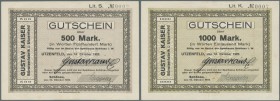Utzenfeld, Gustav Kaiser, Bürstenfabrik, 500, 1000 Mark, 16.10.1922, mit 2 Handunterschriften, KN 0002 bzw. 0007, Erh. II, 2 Scheine
