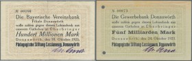 Donauwörth, Pädagogische Stiftung Cassianeum, 100 Mio. Mark, 10.10.1923, Erh. IV, 5 Mrd. Mark, 24.10.1923, Erh. II-, lochentwertet, 2 Scheine