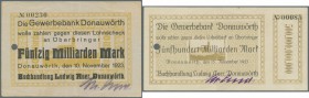 Donauwörth, Buchhandlung Ludwig Auer, 50 Mrd. Mark, 10.11.1923, 100, 500 Mrd. Mark, 15.11.1923, alle mit Lochentwertung, Erh. II-, 3 Scheine