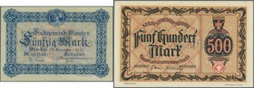 München, Stadt, 50 Mark, 28.11.1918, Muster ohne KN mit Lochung ”UNGILTIG”, rs. Falzreste, ansonsten kfr., 500 Mark, 26.9.1922, Muster ohne KN mit Loc...