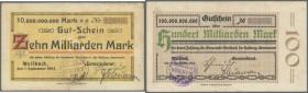 Weilbach, Gemeinde, 1 Mio., 1 Mrd., 10 Mrd., 50 Mrd., 100 Mrd., 200 Mrd. Mark, alle 7.9.1923, Erh. III / III-, total 6 Scheine