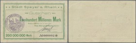 Speyer: 200.000.000 Mark 1923 mit niedriger Seriennummer #000003 mit Stempel auf der Vorderseite, schöne Erhaltung, leicht gebraucht mit kleinen Knick...