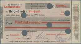 Remscheid, Stadtkasse, 50 Tsd. Mark, 6.7.1923, Lohnscheck auf Reichsbank Remscheid, lochentwertet, Erh. II, weder bei Keller noch bei van Eck aufgefüh...