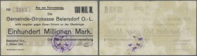 Beiersdorf O.-L., Gemeindekasse, 100 Mio. Mark, 4.10.1923, gedr. Scheck auf Gemeinde-Girokasse, Wert und Datum nicht bei Keller, leicht fleckig, Erh. ...