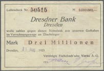 Dresden, Vereinigte Eschebach'sche Werke AG, 500 Tsd. Mark, 16.8.1923 (handschr.), Scheck auf Dresdner Bank, 3 Mio. Mark, 31.8.1923 (gestempelt), Nots...