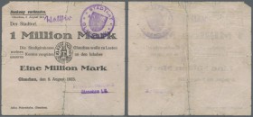 Glauchau, Stadtgirokasse, 1 Mio. Mark, 8.8.1923, Kundenscheck für Ernst Boessneck, Nominale und Datum für diesen Aussteller nicht bei Keller, Erh. V
