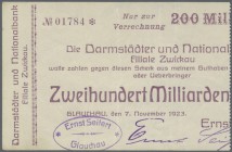 Glauchau, Ernst Seifert, 200 Mrd. Mark, 7.11.1923, Scheck auf Darmstädter und Nationalbank Zwickau, rechte Scheinhälfte mittels Perforation abgetrennt...