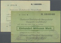 Großröhrsdorf, Commerz- und Privatbank AG, 1 Mio. Mark, 13.8.1923, 100 Mio. Mark, 12.10.1923, Schecks auf Bankverein Bischofswerda, beide Scheine nich...