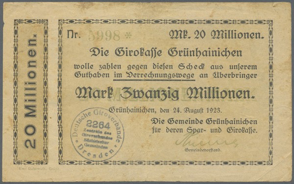 Grünhainichen, Gemeinde, 10, 20 Mio. Mark, 24.8.1923, beide Nominalen nicht bei ...