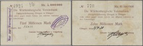 Ebingen, Consum-Verein, 5, 10 Mio. Mark, 25.9.1923 (Datum handschriftlich), Schecks auf Württ. Vereinsbank, teils stockig, Erh. III-IV, 2 Scheine