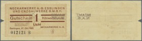 Esslingen, Neckarwerke AG, 1 Kilowattstunde Licht, 27.10.1923, Gutschein 98 x 57 mm, mit KN, Perforation ”BEZAHLT N.A.G.”, am linken Rand Entwertungss...