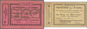 Geislingen, MAG Maschinenfabrik AG, 200 Tsd. Mark, 13.8.1923, mit KN, Uschr. und Druckfirma (Karau 235.c), Erh. III, Württ. Metallwarenfabrik, 50 Tsd....