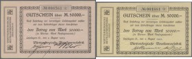 Geislingen, Württembergische Metallwarenfabrik, 50 Tsd. Mark, 4.8.1923, Papier rosa, Erh. I-, 50 Tsd. Mark, 4.8.1923, Papier gelb, Erh. IV, 2 Scheine
