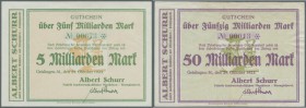 Geislingen, Albert Schurr, 5, 10, 20, 50 Mrd. Mark, 29.10.1923, farblich abweichender Unterdruck, 3 Stück Erh. I, 50 Mrd. Erh. III, total 4 Scheine