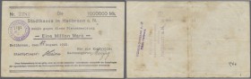 Heilbronn, Stadtgemeinde, 1 Mio. Mark, 15.81923 (Tag hschr.), Platzanweisung auf die Stadtkasse Heilbronn, stockfleckig, Erh. III-