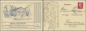 Honau, Militärverein W.G.v.W. Herzog v. Urach, 1 Mark, o. D. (1931), Baustein zur Schießbahn, querformatige blaue AK 147 x 107 mm mit Gebäudeansicht, ...