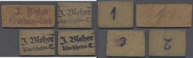 Kirchheim / Teck, J. Bleher, 2 x 1 (Varianten im Stempel), 2, 3 (Pf.), o. D. (1919), Kartonmarken in unterschiedlichen Formaten mit vs. Firmenstempel ...