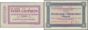Laupheim, Stadt, 100 Tsd., 2 x 500 Tsd. (KN klein und groß), 1 Mio. Mark, 22.8.1923, Laupheimer Werkzeugfabrik, 20 Mrd. Mark, 5.11.1923, mit und ohne ...