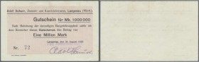 Langenau, Adolf Schurr, 1 Mio. Mark, 31.8.1923, Erh. II, von größter Seltenheit (evtl. Unikat)