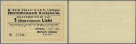 Löchgau, Wilhelm Röcker GmbH, Elektrizitätswerk Besigheim, 1 Kilowattstunde Licht, 7.11.1923, Erh. I-II, von großer Seltenheit