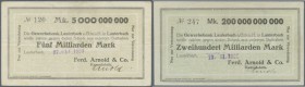 Lauterbach, Ferd. Arnold & Co., 5 Mrd. Mark, 27.10.1923, Erh. III, 200 Mrd. Mark, 13.11.1923, rechts und unten je 3 mm beschnitten, sonst Erh. II, tot...