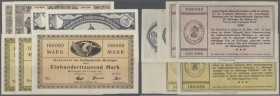 Metzingen, Stadtgemeinde, 500 Tsd. Mark, 10.8.1923 (2 KN-Varianten), 100 Tsd. Mark, 17.8.1923 (2 Udr.-Farbvarianten), 1 Mio. Mark, 24.8.1923 (2 Farbva...