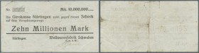 Nürtingen, Wollwarenfabrik Schwaben, 10 Mio. Mark, ? Sep. 1923 (Datum rot gestempelt und verwaschen), Scheck auf Girokasse Nürtingen, Erh. III-IV, Aus...