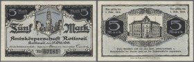 Rottweil, Amtskörperschaft, 5, 10 Mark, 25.10.1918, beide mit KN, 5 Mark unentwertet, 10 Mark mit etlichen Stempeln ”wertlos”, Erh. II-, von großer Se...