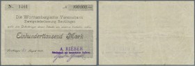 Reutlingen, A. Rieber GmbH, 100 Tsd. Mark, 27. (hschr.) 8.1923, Scheck auf Württembergische Vereinsbank, Erh. III, Ausgabestelle weder bei Keller noch...