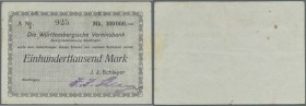 Reutlingen, J. J. Schlayer, 100 Tsd. Mark, o. D., Scheck auf Württembergische Vereinsbank, Erh. III, Ausgabestelle weder bei Keller noch bei Karau auf...