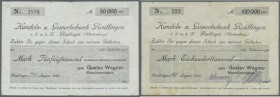 Reutlingen, Gustav Wagner Maschinenfabrik, 50 Tsd. Mark, 24. (hschr.) 8.1923, 100 Tsd. Mark, 10. (hschr.) 8.1923, Erh. III, total 2 Scheine