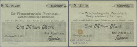 Reutlingen, Emil Adolff A.G., 1 Mio. Mark, 25.8.1923, 30.8.1923, Daten gestempelt, Schecks auf Württembergische Vereinsbank, Erh. III, 2 Scheine