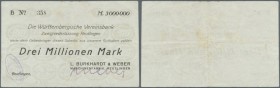 Reutlingen, L. Burkhardt & Weber, Maschinenfabrik, 3 Mio. Mark, 8.9.1923 (Datum gestempelt), Scheck auf Württembergische Vereinsbank, Erh. II-III