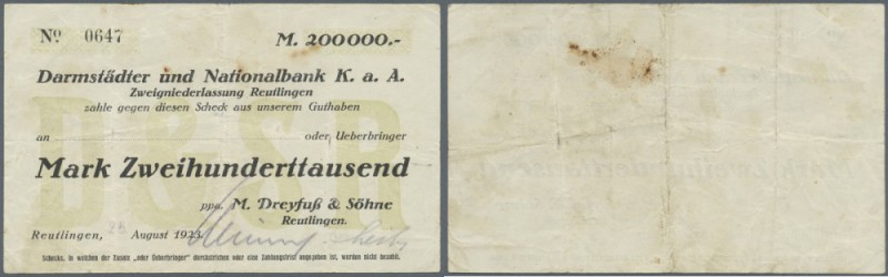 Reutlingen, M. Dreyfuß & Söhne, 200 Tsd. Mark, 25. (gest.) 8.1923, Scheck auf Da...