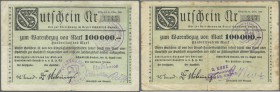 Schwäbisch Gmünd, Arbeitgeber-Verband der Edel- und Unedel-Metallindustrie u.v.H. (e.V.), 100 Tsd. Mark, 13.8. - 31.10.1923, 2 Gutscheine der Stadtkas...